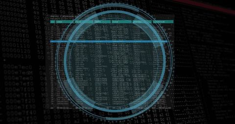 Displaying Concentric Teal HUD Overlay on Hexadecimal Log for Futuristic Cybersecurity Dashboard
