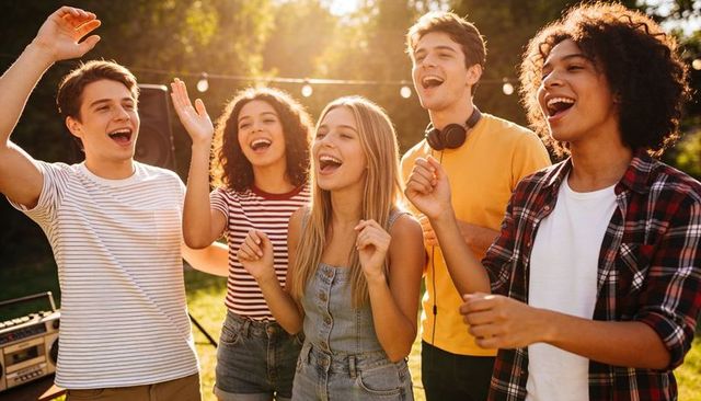 Teen friends singing at golden hour backyard party with string lights in denim overalls