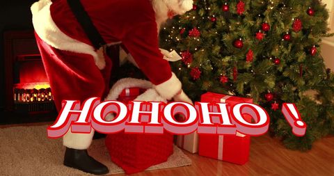 Santa Claus Delivering Presents by Christmas Tree with Festive Text