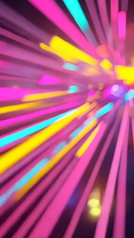 Vertical neon fiber streaks panning and shifting focus creating magenta-cyan bokeh motion