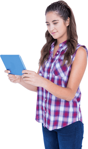 Happy Woman Holding Tablet Transparent Background