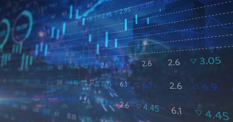 Financial Graphs on Night Cityscape Highlights Economy
