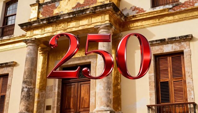 Floating glossy red 250 numerals over sunlit historic colonial facade, weathered columns