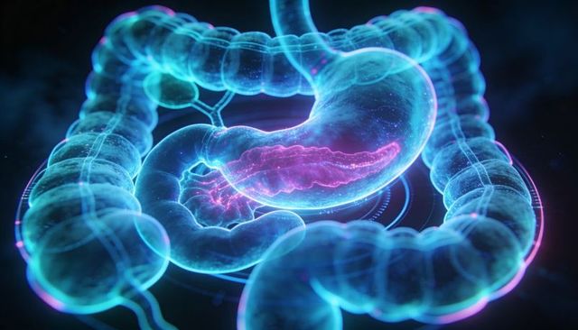 Holographic 3d digestive system visualization with neon stomach, colon and pancreas