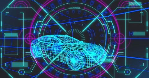 Rotating neon wireframe sports car hologram scanning within futuristic hud interface