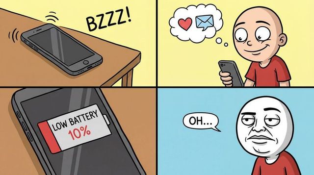 Grinning bald man checking phone then low battery 10% alert in four-panel comic strip