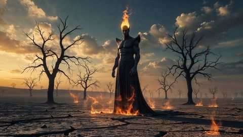 Mythical lucifer fire elemental on cracked earth at sunset
