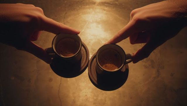 Two hands sharing espresso cups on warm rustic table, intimate coffee moment