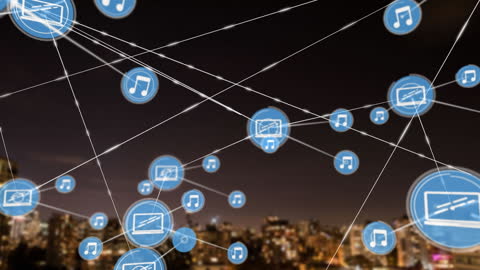 Digital Network with Music and Media Icons Over Urban Skyline