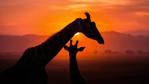 Silhouetted Giraffes Walking at Dawn in Scenic Savannah