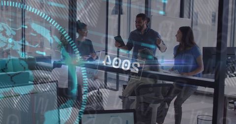 Diverse Business Team Collaborating with Global Interface Overlay