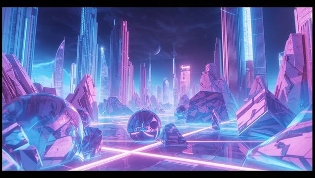 Cyberpunk Neon Cityscape with Geometric Reflections