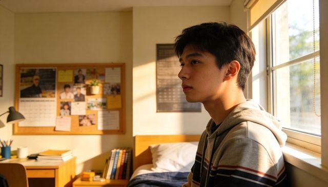 Contemplative male student sitting and gazing out dorm window in warm morning sunlight