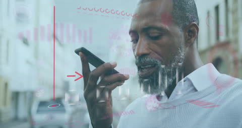 Man Using Smartphone with Digital Financial Graphs Overlay