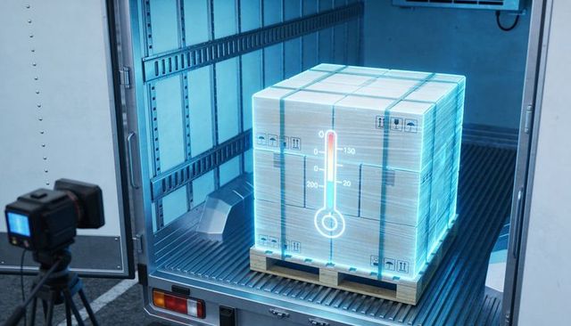 Holographic temperature monitoring displaying thermometer over pallet in refrigerated van