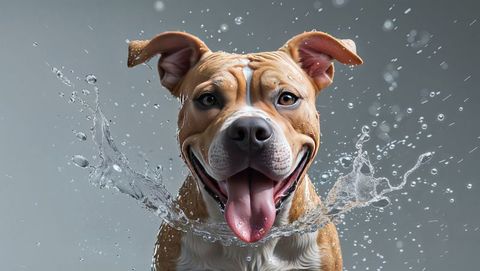 Energetic brown and white pitbull dog shaking off water droplets