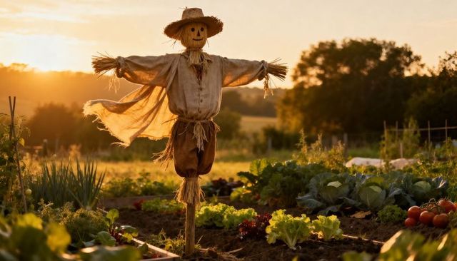 Sunset-lit scarecrow standing in rustic vegetable garden guarding tomato beds
