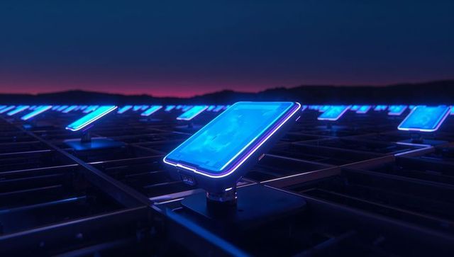 Futuristic touchscreen devices illuminated at dusk