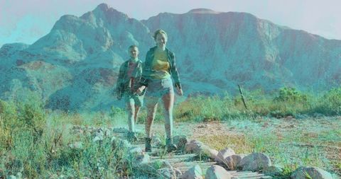 Adventurous Travelers Hiking Scenic Rocky Foothills Trail