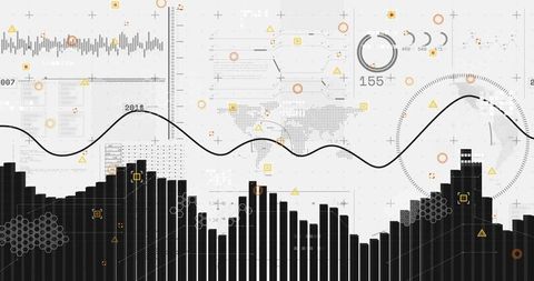 Displaying Monochrome Data Visualization Dashboard with Dense Bar Histogram and Trend Line