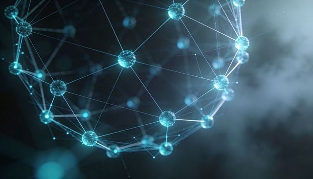 Glowing neural network sphere with teal nodes connecting via luminous mesh for technology