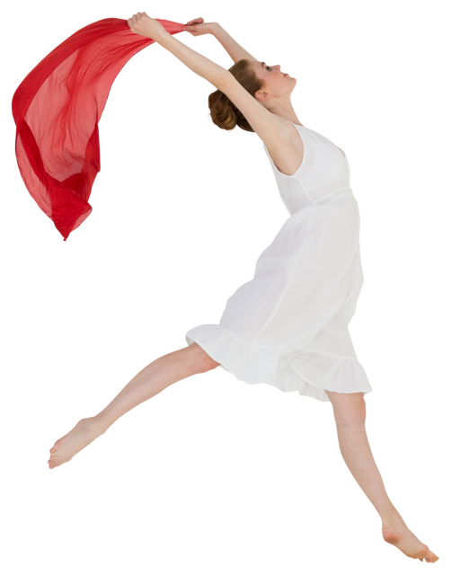 Dynamic image of young female dancer in white dress jumping with red scarf is perfect for projects focusing on elegance, dance, movement, and freedom. Excellent for advertising, marketing materials, websites about performing arts, fitness, health problems or hobby activities related to dancing. Useful for educational content on ballet or contemporary dance.