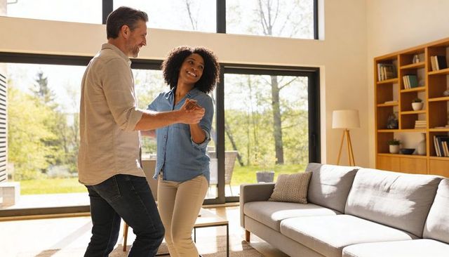 Interracial Couple Dancing in Sunlit Modern Living Room Holding Hands and Smiling