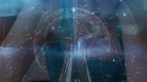 Digital elements showcasing data transmission overlay girl performing experiment. Highlights innovation in education and the integration of technology in science learning. Useful for illustrating futuristic education, STEM activities, and technological advancements in learning environments.