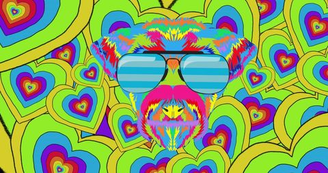 Colorful Dog with Sunglasses over Vibrant Heart Background