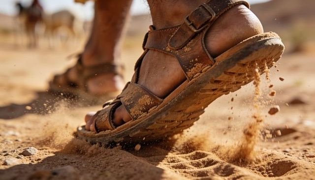 Dusty leather sandal kicking up desert sand during caravan trek close-up