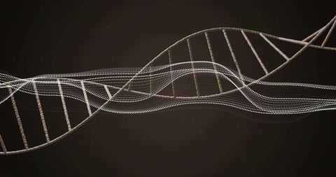 Glowing twin helix dna strands flowing across dark digital backdrop with dotted particles