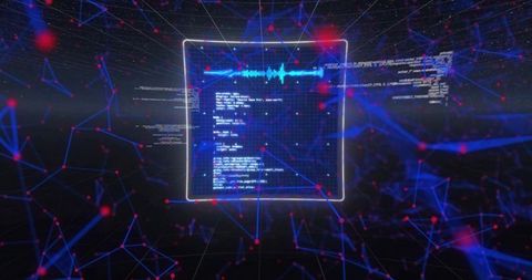 Floating holographic code panel in neon cyber network with cyan waveform and data mesh