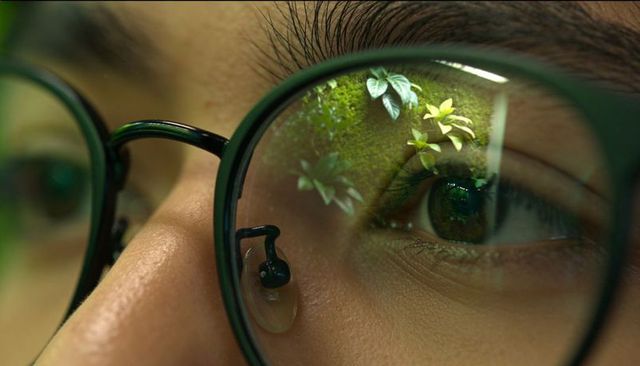 Green reflection in round glasses close-up showing eye, leaves, nose pad, skin texture, eco vision