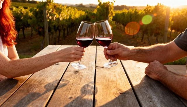 Couple clinking red wine glasses at vineyard picnic during golden hour sunset