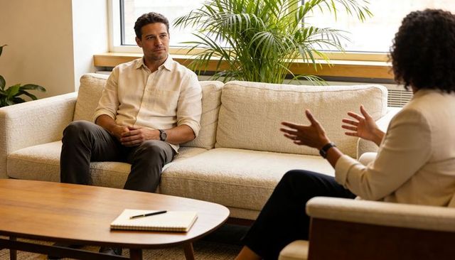 Male client listening during therapy session on sofa in modern counseling office interior
