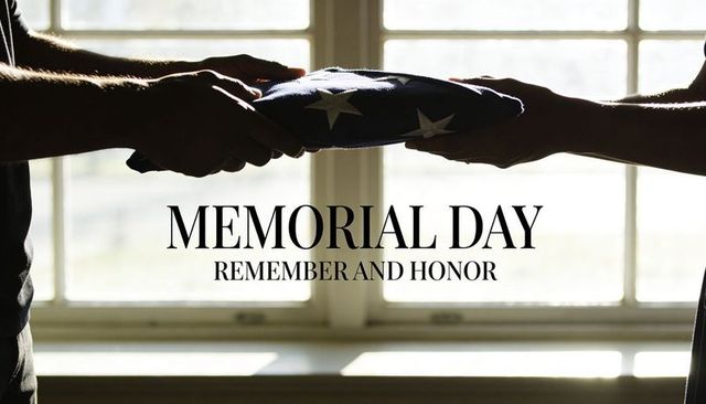 Folded united states flag handed between silhouettes over window memorial day tribute