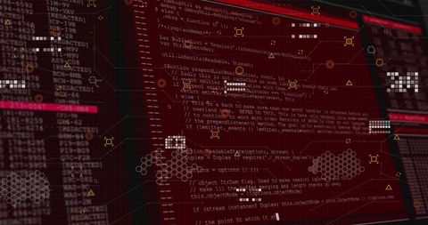 Red Cybersecurity Code Interface with HUD Overlays and Honeycomb Network Dashboard