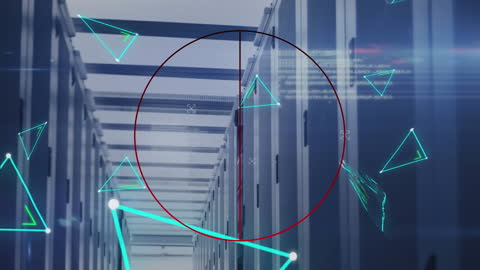 Futuristic Data Network with Digital Interface Overlay in Server Farm