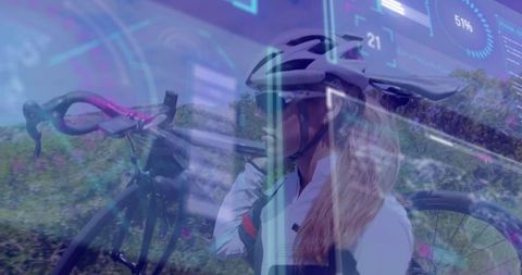 Cyclist with high-tech data overlay on roadside