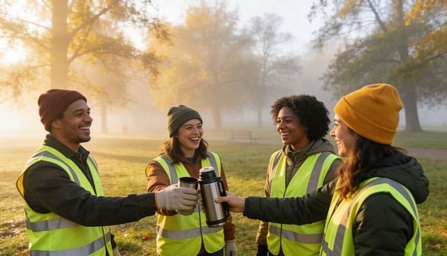Volunteers sharing hot drinks at sunrise wearing high-visibility vests in misty park