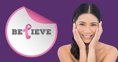 Smiling Biracial Woman with Breast Cancer Awareness Message