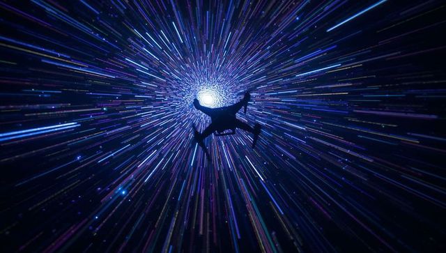 Drone silhouette hovering through neon starfield wormhole vortex