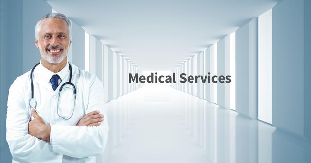 Confident male doctor standing in a modern hospital corridor, smiling and looking at the camera. Ideal for use in healthcare advertisements, medical websites, hospital brochures, and promotional materials for medical services.