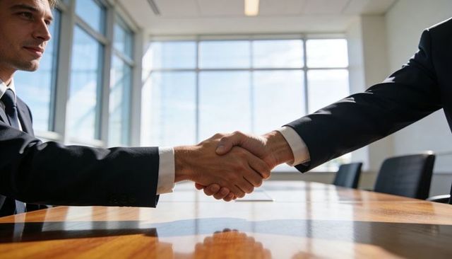 Sealing strategic partnership handshake in sunlit modern corporate boardroom with wooden table
