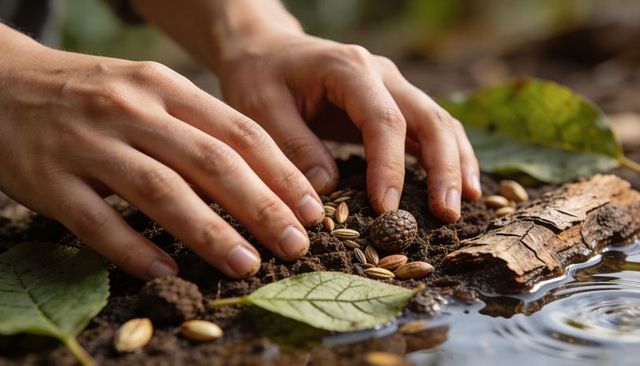 Hands planting wild seeds on moist forest floor beside shallow water, closeup earth care