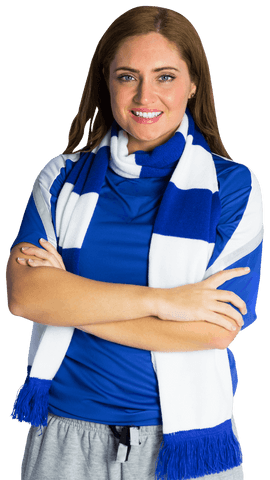 Enthusiastic Sports Fan in Blue and White Scarf Smiling Transparently