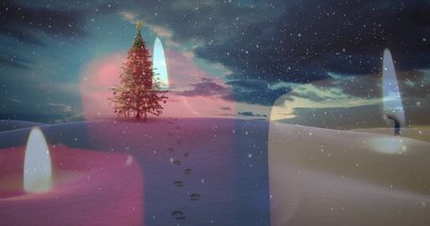 Twilight christmas tree on snow dunes with footprints and candlelight double exposure