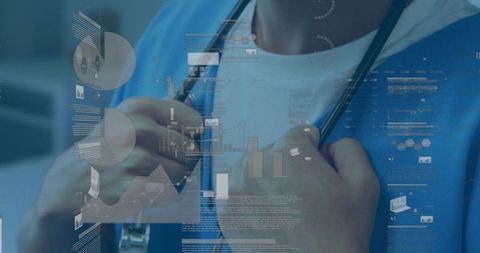 Doctor placing stethoscope over chest with digital healthcare analytics dashboard overlays