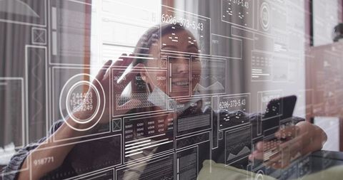 Smiling woman waving on couch using smartphone with futuristic AR dashboard overlay