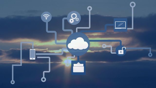 Digital representation of technology and connectivity network icons illustrated against the backdrop of a sunset with clouds. Suitable for use in technology presentations, internet services advertisements, cybersecurity articles, or educational materials about cloud computing and digital transformation.